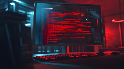 Computer screen showing red ransomware warning message in home office setting, highlighting cybersecurity threats and digital safety concerns