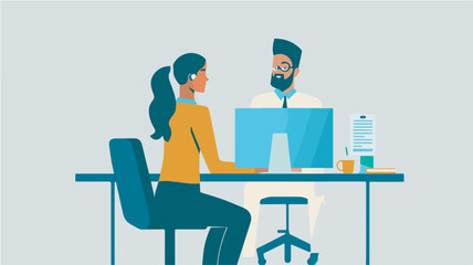 Customer service representative helping customer at desk business concept illustration customer support online consultant assistance call center operator in headset working at office flat vector