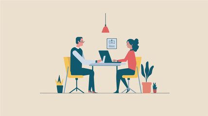 Business meeting teamwork office worker discussion collaboration coworker male female team leader laptop computer desk plant illustration graphic design element modern minimal flat vector graphic art