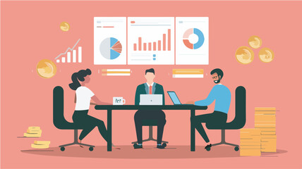 Business team analyzing financial data together teamwork concept with graphs charts and gold coinsillustration