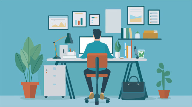 Man working at desk in home officeremote work freelancer online business entrepreneur workplace desk computer mockup design graphic designer illustration work from home modern office space blue