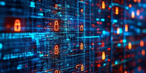 Fototapeta premium Close-up of a cybersecurity dashboard with security protocols in place, featuring a grid of codes and a lock icon to indicate data protection measures