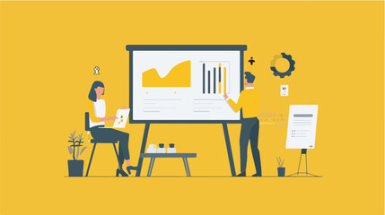 Business meeting and presentation coworkers team discussing project strategy with charts and graphsimage on yellow background business concept illustration