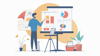 Businessman analyzing financial charts and graphs business analytics data analysis market research man presenting project strategy plan on whiteboard office workplace illustration finance statistics