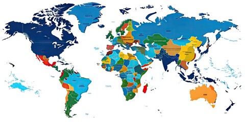 Obraz premium Vibrant colorful world map with Turkey highlighted in bold blue, showcasing its borders, cities, and geographic features, set against a neutral white background.