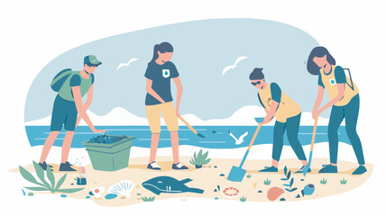 Group Of Volunteers Cleaning Beach Picking Up Trash Environmental Protection Ecology ConceptIllustration On Background