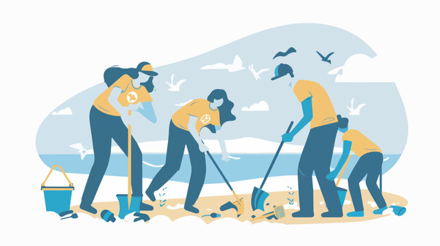 Group of people cleaning beach volunteers collecting garbage on seashore ecology and environment concept plastic pollution problem ocean pollution awareness volunteers cleaning up trash from beach