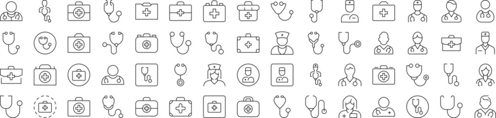 Doctor, Stethoscope, Medical Suitcase Simple Icon Collection. Editable Stroke. Perfect for Infographics, Articles, Books, Flyers, Banners