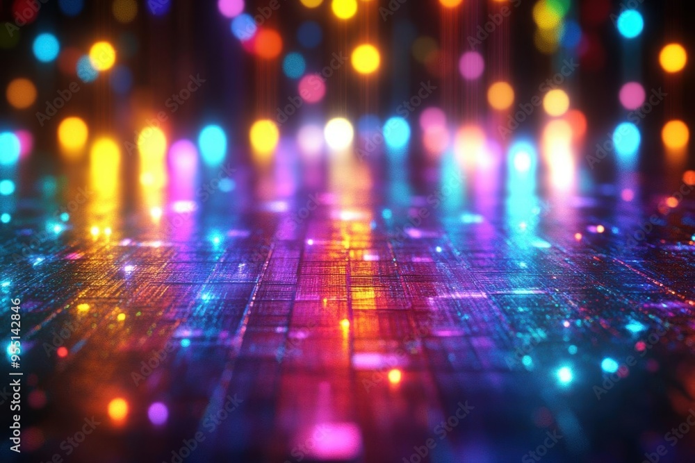 Poster abstract colorful lights and bokeh effects on a digital surface.