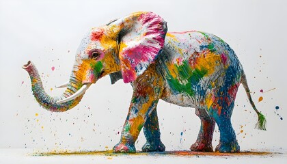 Obraz premium Colorful Elephant Painting with Flowing Paint Splatter on White Background