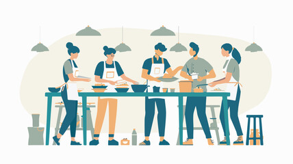 Group friends cooking preparing food together culinary workshop master class teamwork concept kitchen illustration diverse people team modern flat style isolated background