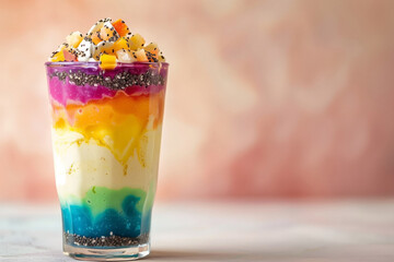 Rainbow smoothie with chia seeds in a clear glass. Generated AI