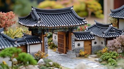 Obraz premium A scale model home with an intricately designed Korean entrance gate