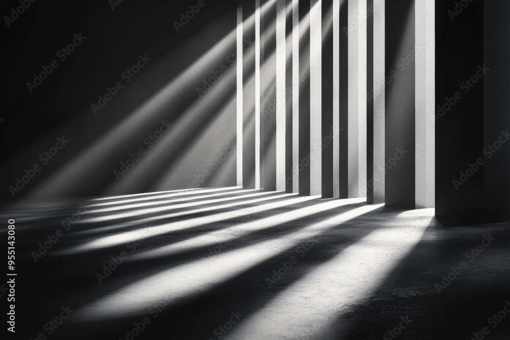 Poster sunbeams stream through a window illuminating an empty concrete room.