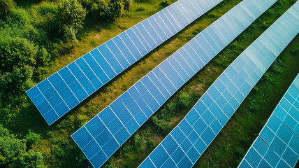 A row of solar panels are lined up in a field