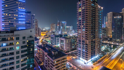 Aerial view of Dubai Marina from a vantage point night timelapse.