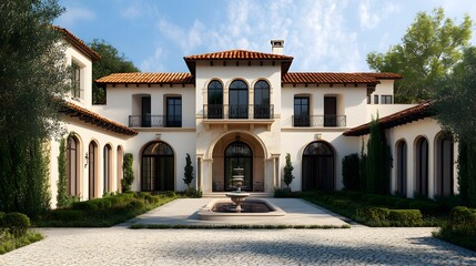Naklejka premium Mediterranean-style villa blueprint featuring terracotta roof tiles, arched doorways, and a central courtyard with a fountain