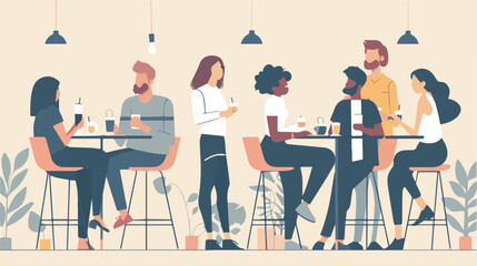 Diverse people enjoying coffee break in modern cafe interior flat vector illustration friends meeting in cafeteria coworkers drinking beverages at lunch time communication and friendship concept