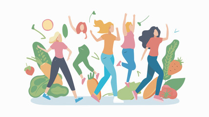 Group of happy women celebrating healthy lifestyle with vegetables and fruits nutrition diet healthy eating concept vegetarianism vitamins healthy food