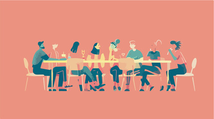 Diverse group of friends enjoying food and drinks together at a restaurant table social gathering dining friendship community restaurant illustrationno background