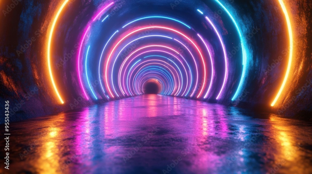 Poster abstract neon tunnel with colorful lights and reflections on a wet floor.