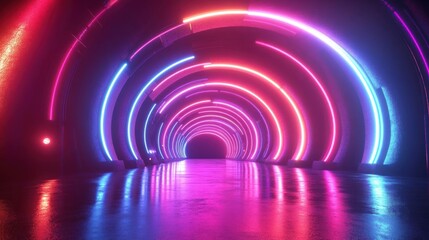 Fototapeta premium Bright laser beams forming concentric circles, vivid neon colors, dynamic and futuristic stage setup 3d render ,