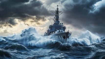 A naval warship cutting through rough seas, with waves crashing against its hull and a dramatic sky filled with dark clouds overhead.