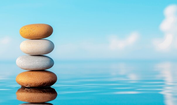 zen stones balancing on water, tranquil mindfulness meditation image for wellness and self-care