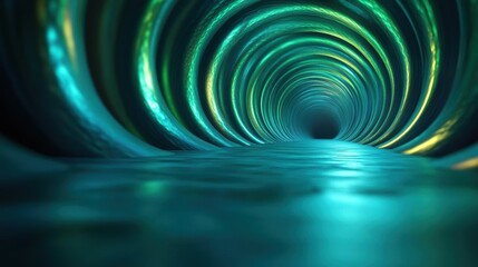 Abstract glowing teal tunnel with light reflecting on the floor.