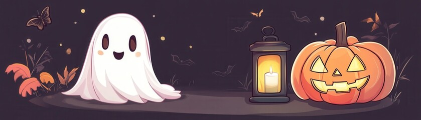 Naklejka premium Cute ghost, glowing lantern, and carved pumpkin set the perfect Halloween mood in this whimsical illustration.
