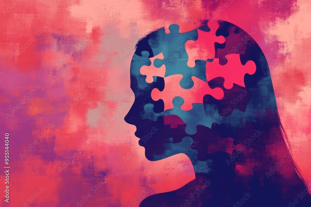 Poster cognitive load cognition a woman’s silhouette with puzzle pieces missing set against a vibrant abstr