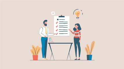 Businesspeople discussing checklist project management task management office work teamwork collaboration problem solving brainstorming ideas strategy planningillustration