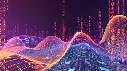 Abstract technology background with layered flowing particle waves, illustrating the overlap of data processed by cyber technology for a modern digital experience