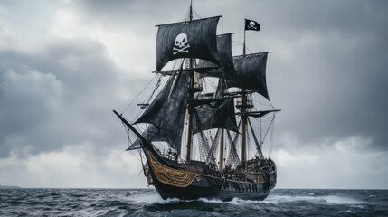 Fototapeta premium pirate ship replica with black sails and a Jolly Roger flag, sailing through choppy waters, evoking a sense of adventure on the high seas.