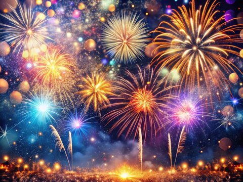 Vibrant fireworks burst into the night sky, surrounded by shimmering confetti and twinkling lights, capturing the essence of a joyful and celebratory New Year's Eve atmosphere.