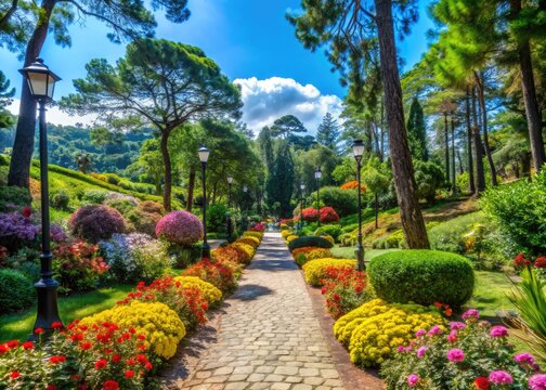 Vibrant flowers and lush greenery surround a serene walking path amidst towering trees in a picturesque public park during a sunny day in Baguio City.