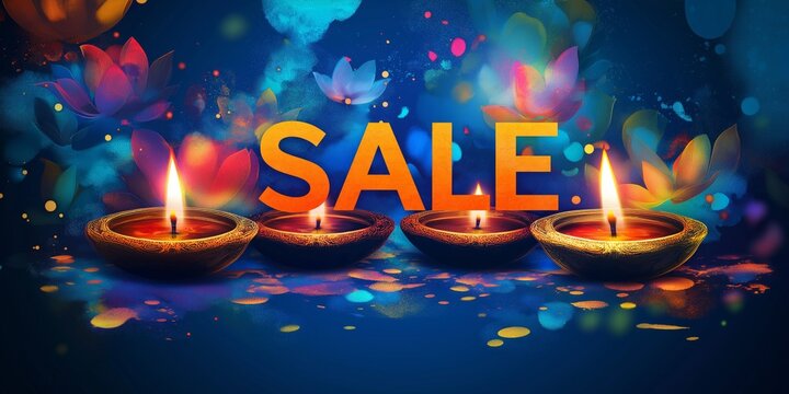 Colorful Diwali banner promoting a festive sale with vibrant decorations and glowing diyas illuminated against a dark background