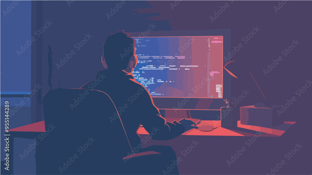 Poster programmer working late night coding software development technology computer desk office work from 