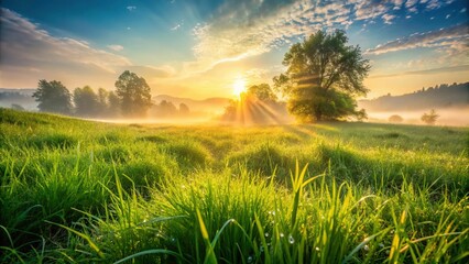 1. **Dreamy landscape**: 'Grass Green', captured at a serene angle with misty morning light, illuminated by warm sunbeak, evokes a feeling of tranquility, ', a realistic photo image.