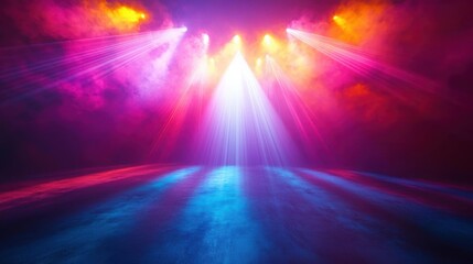 Dazzling light rays fanning out from a central source, rainbow colors, dramatic concert setting, vibrant and energetic 3d render ,