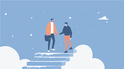 Two businessmen shaking hands partnership agreement success achievement climbing career ladder corporate business concept illustration minimalist modern flat design vector art graphic