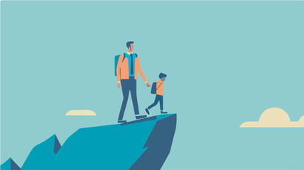 Obraz premium Father and son hiking achievement success outdoors mountain climbing leadership support family adventure nature travel explorationillustration