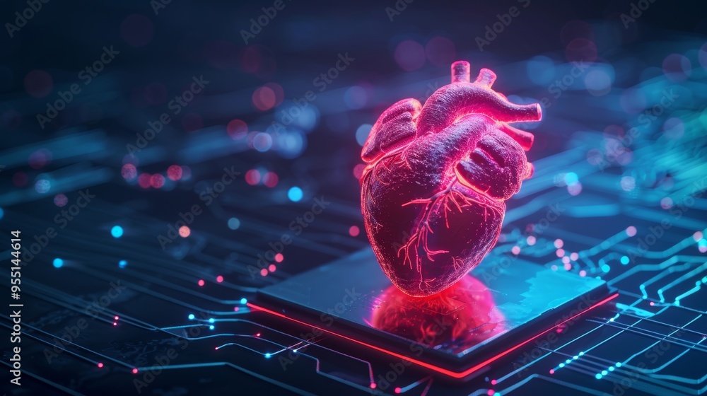 Poster artificial intelligence technology with a heart connected to the ai chip, highlighting ai as the dri