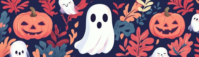 Playful and colorful Halloween pattern featuring cheerful ghosts, pumpkins, and autumn leaves against a dark background.