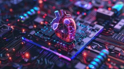 Artificial intelligence technology with a heart connected to the AI chip, highlighting AI as the driving force behind modern technology, utilized across industries for cost and time efficiency