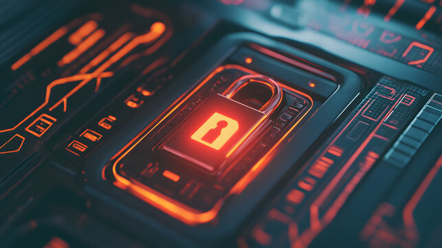 Futuristic digital lock on advanced device with glowing red light indicating access denied, symbolizing technology restrictions and security measures