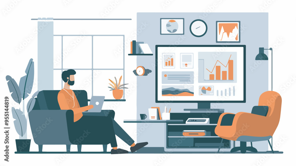 Poster man working from home office analyzing data charts on large screen computer dashboard freelancer rem