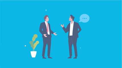 Two businessmen talking business discussion conversation brainstorming suit office communication corporate professional teamworkillustration blue background