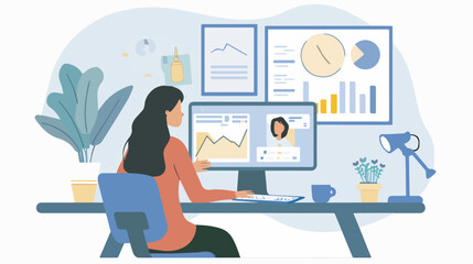 Businesswoman analyzing financial data on computer screen with charts and graphs in office workspace work from home concept business analysis and strategyillustration