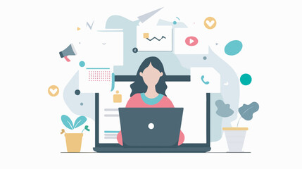 Woman working remotely at laptop surrounded by marketing and communication icons work from home freelance digital nomad social media marketing online business communication technologyillustration